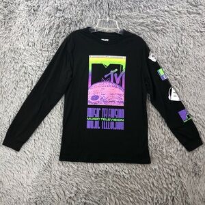 MTV Tshirt Mens Medium 90s Music Television Logo Spellout Black Long Sleeve